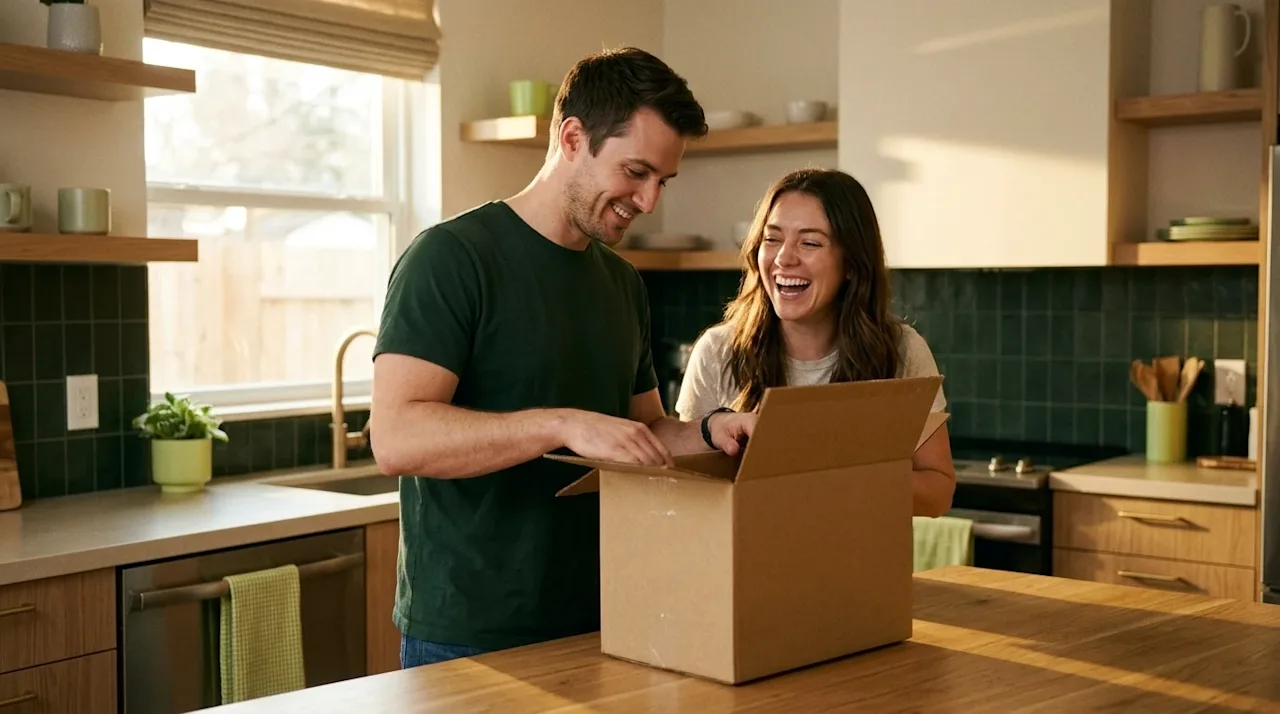 Candid lifestyle 35mm film photography of a happy young millennial couple unpacking in their new home. They are standing in a