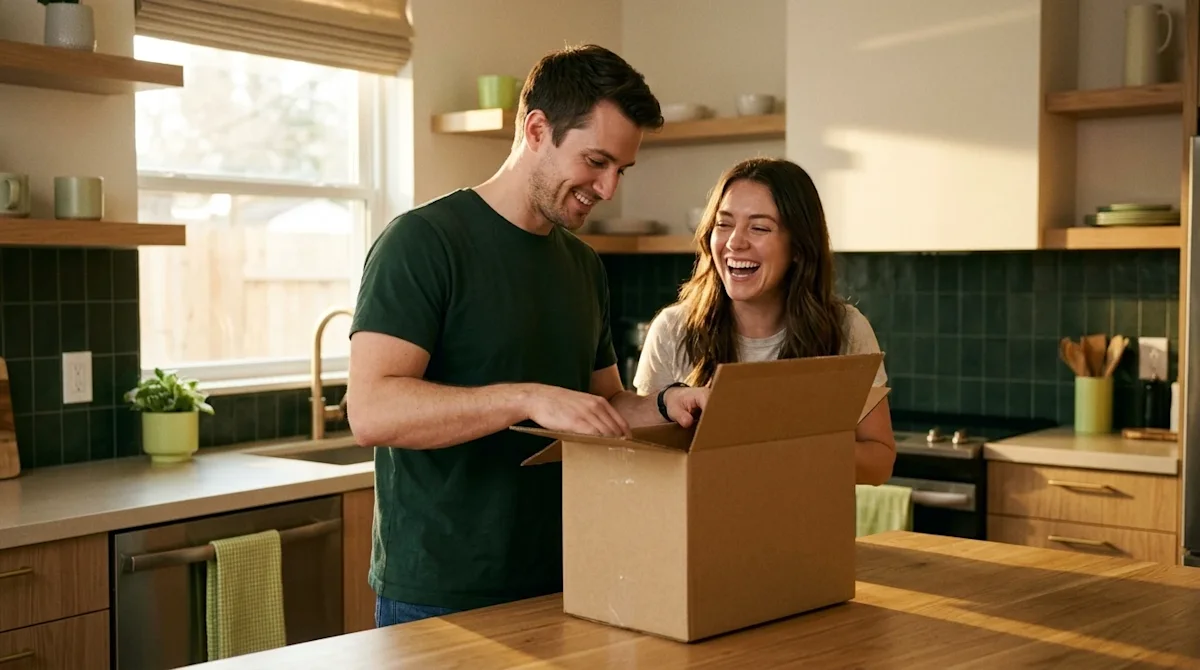 Candid lifestyle 35mm film photography of a happy young millennial couple unpacking in their new home. They are standing in a