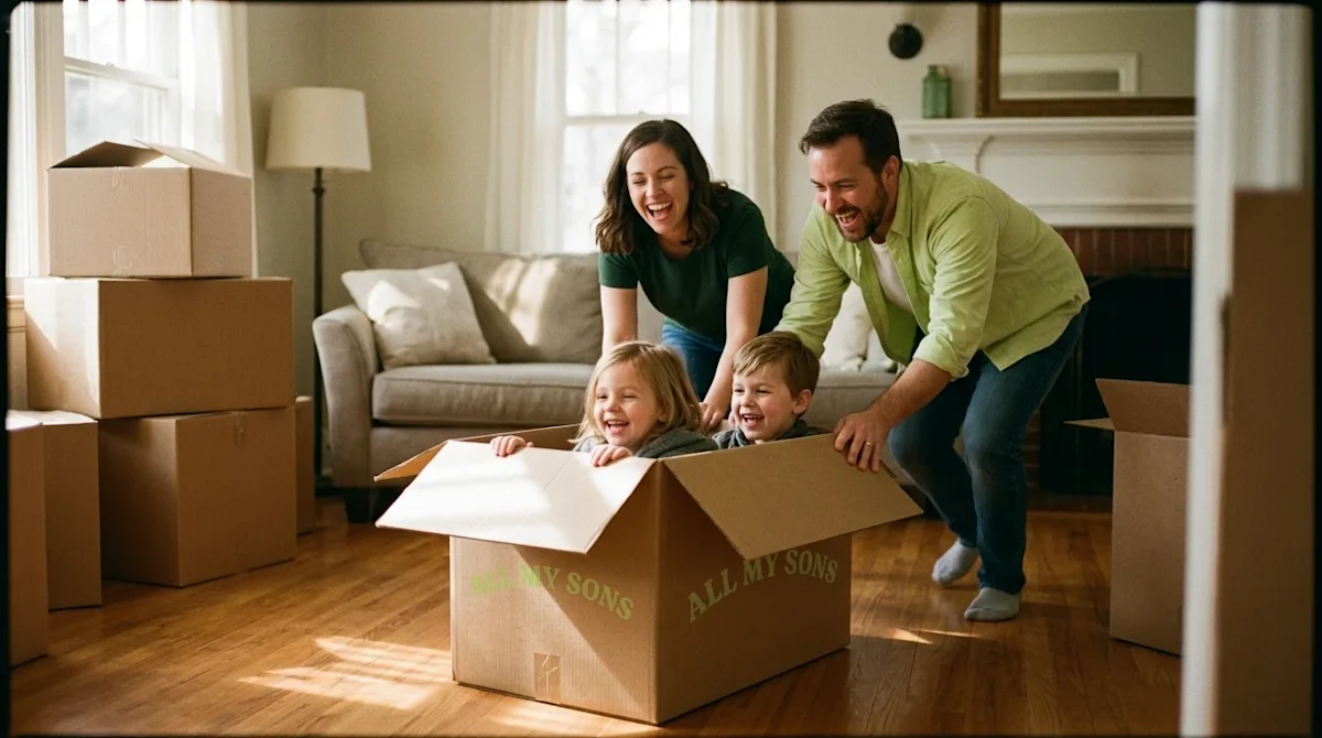 Candid, documentary-style 35mm film photography of a happy family having fun while packing for a move. A mother and father ar