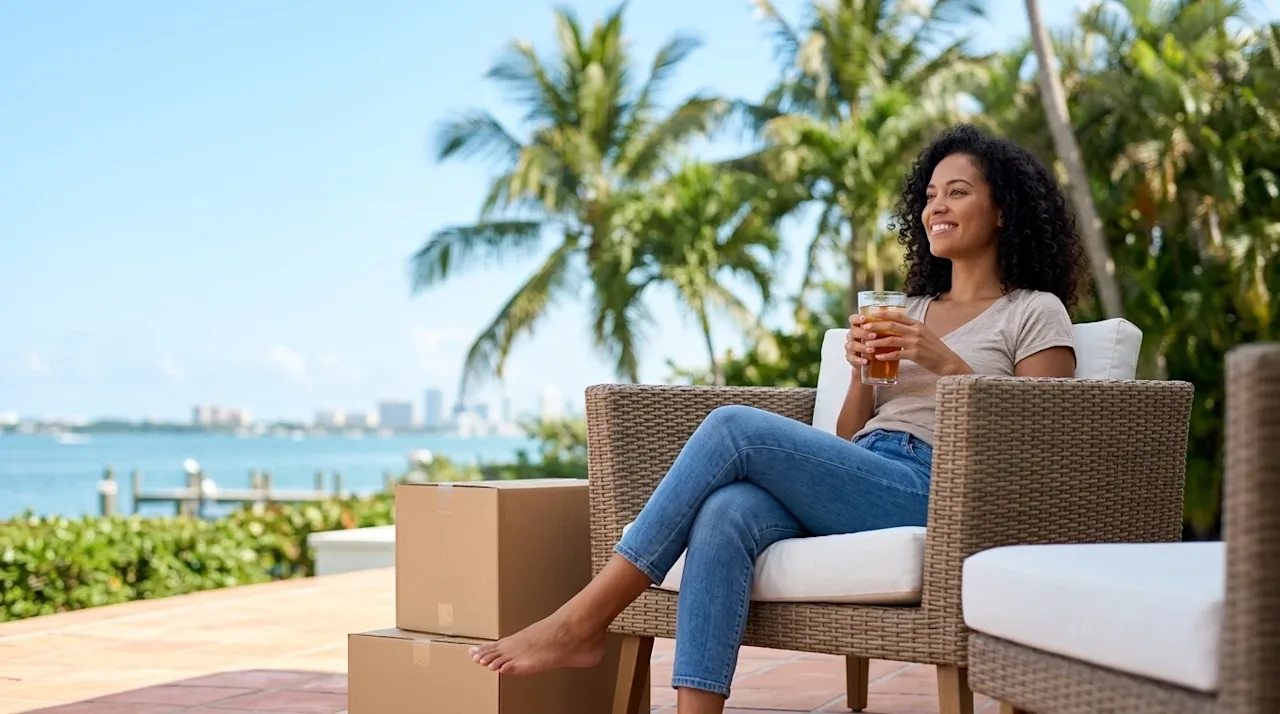 Professional photography of a relaxed, smiling person unwinding on a sunlit outdoor patio in Miami, holding a cold refreshing