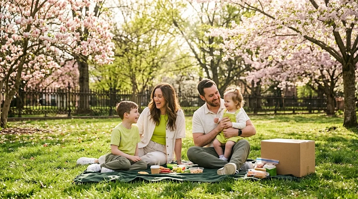Professional marketing photography of a happy family enjoying a sunny Spring Break afternoon in a picturesque, blooming park