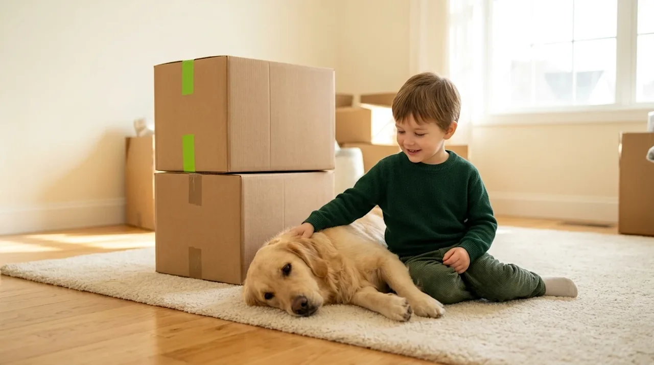 Clear, professional marketing photography of a stress-free family move. A bright, naturally lit living room with cream-colore