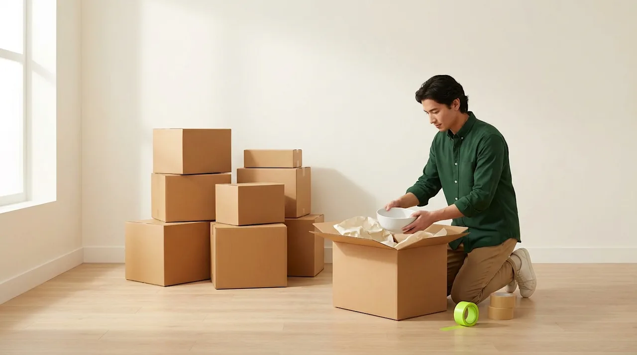 Man in green shirt carefully packing a white bowl into a cardboard box during an organized moving process with stacked boxes.