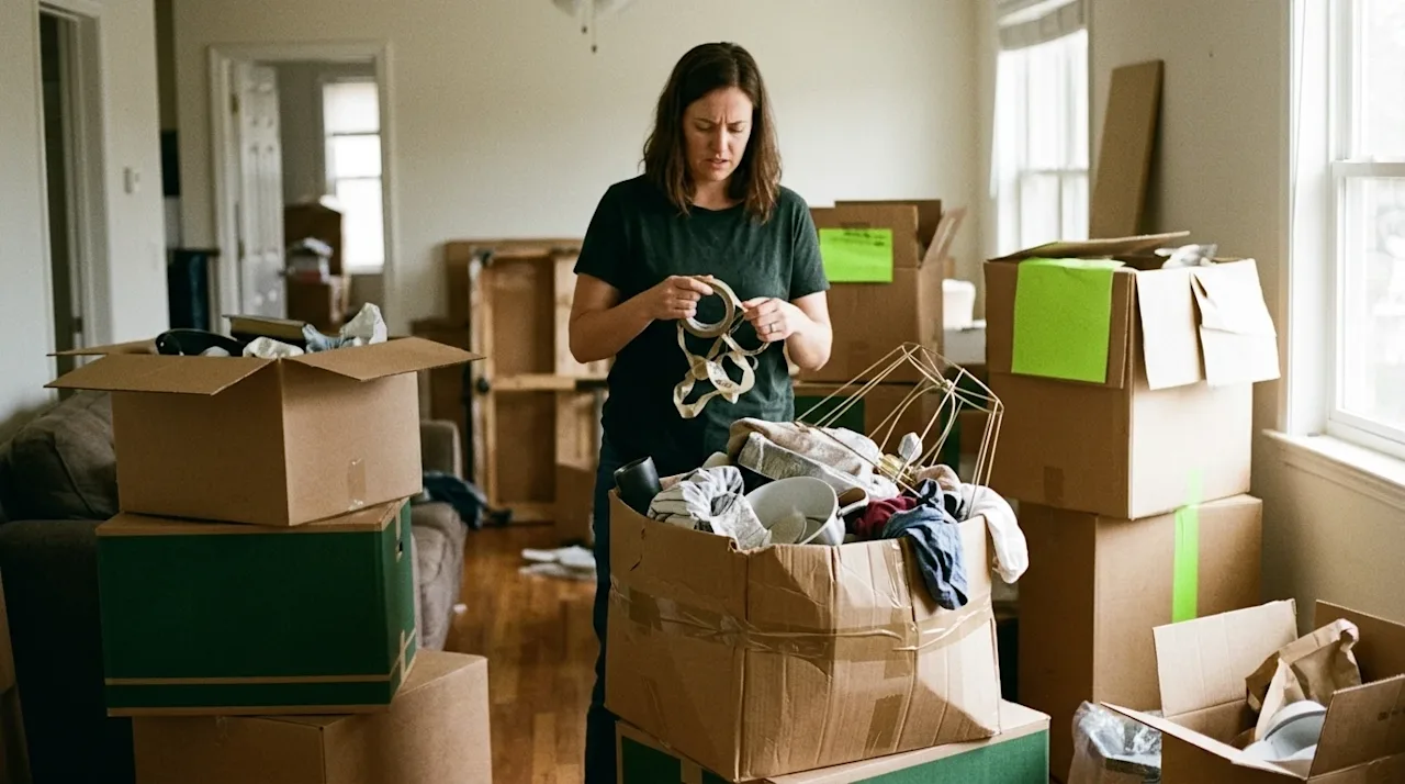 Candid, realistic lifestyle photography of a stressful moving day interior. A frustrated homeowner stands in a cluttered livi