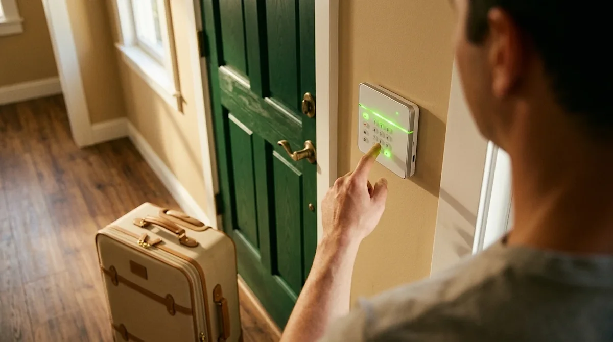 Candid lifestyle photography of a home entryway as someone prepares to leave for vacation. A close-up, over-the-shoulder shot
