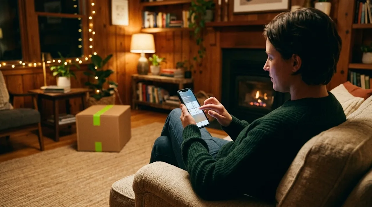 A candid 35mm film photography shot of a person relaxing in a cozy, warmly lit living room, actively tapping a smartphone scr