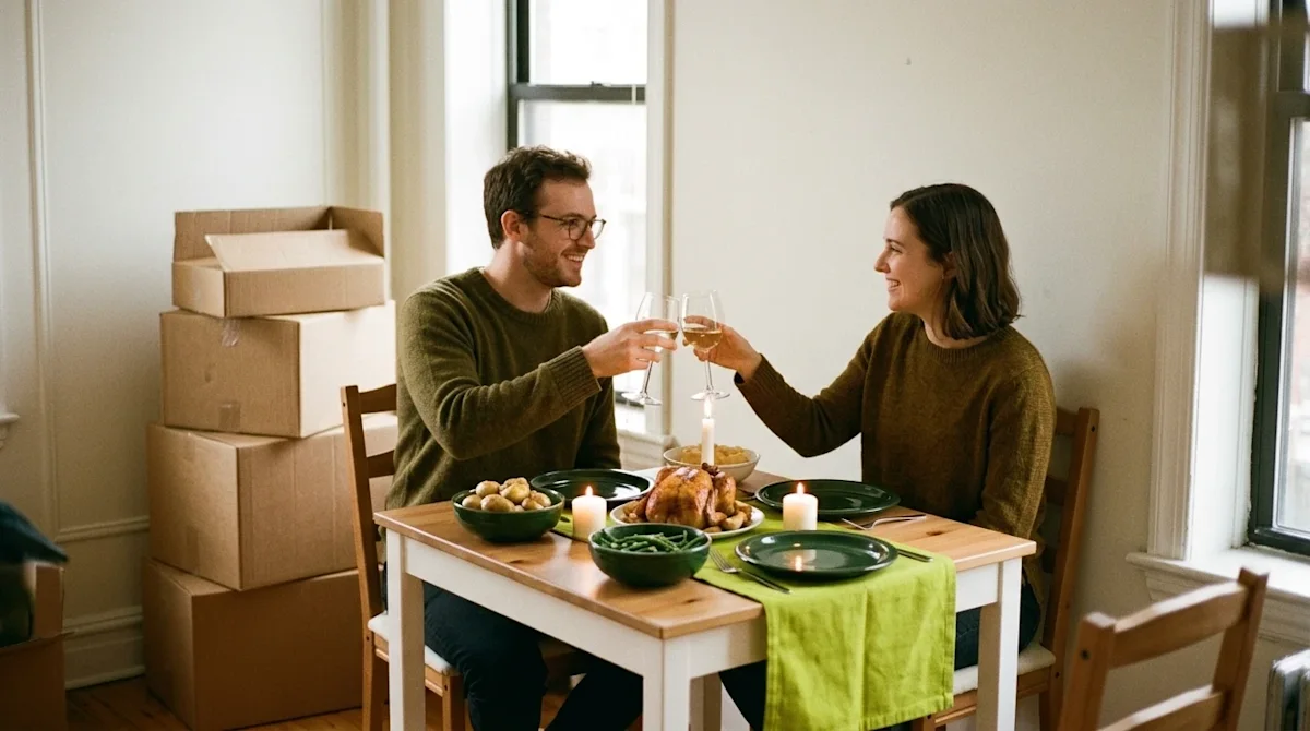 A warm, candid lifestyle photograph of an intimate, small Thanksgiving dinner for two in a newly moved-in home. A small woode