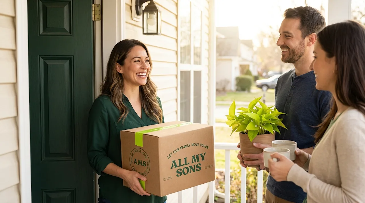 Woman holding All My Sons moving box smiles at neighbors bringing a housewarming plant to her new home.