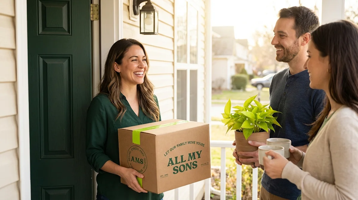 Woman holding All My Sons moving box smiles at neighbors bringing a housewarming plant to her new home.
