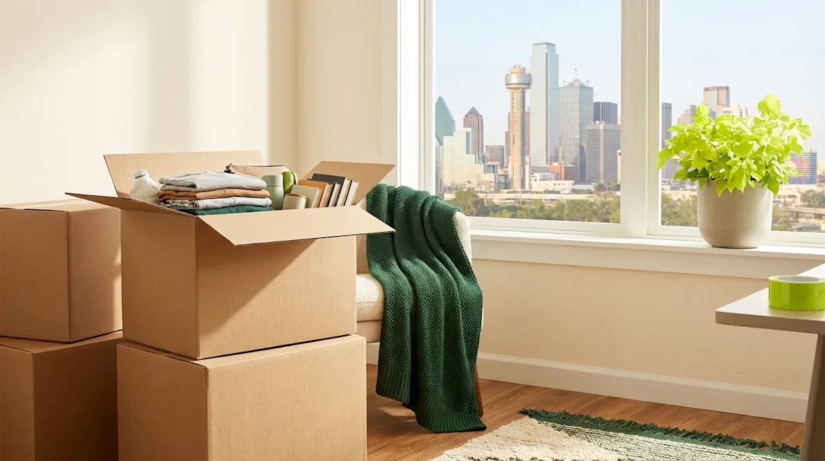 Cardboard moving boxes with donated clothes in a sunlit Dallas home with a city skyline view and green brand accents.