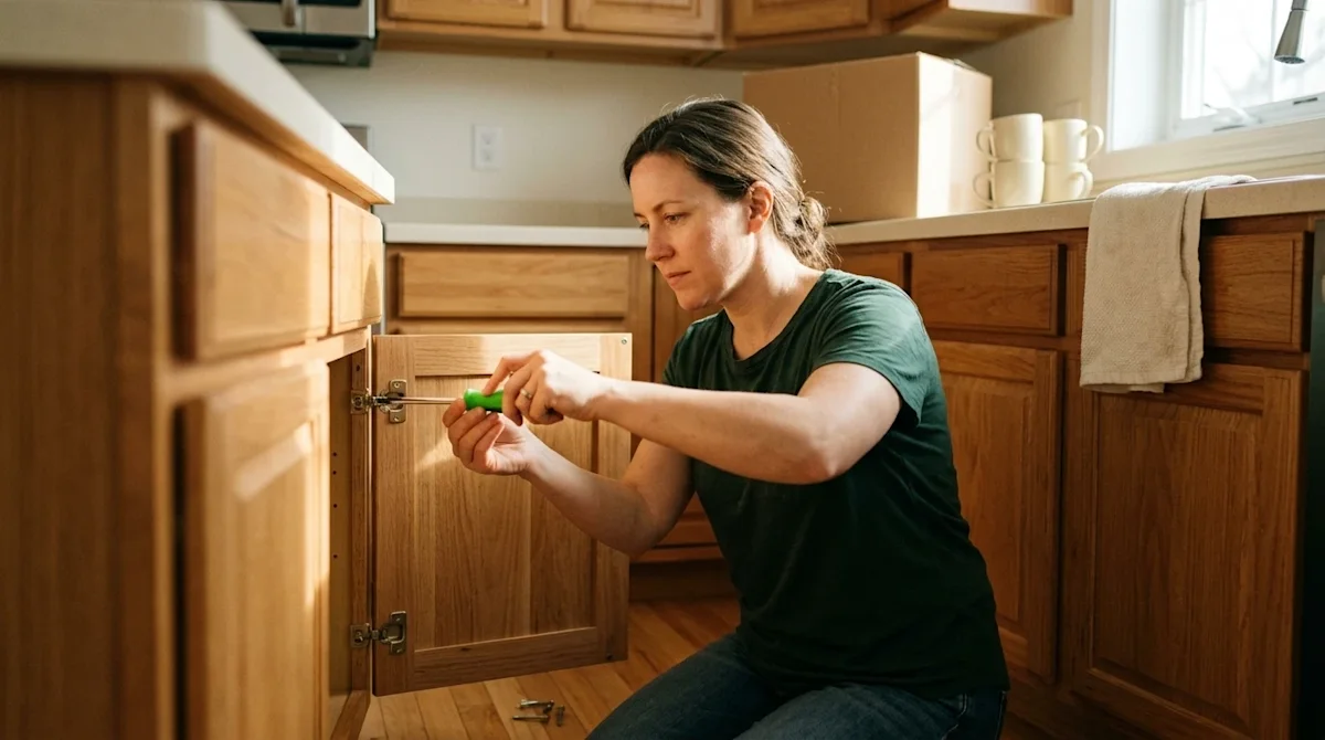 Candid lifestyle photography of a homeowner doing an easy DIY home repair in a warm, inviting kitchen. The person, wearing a
