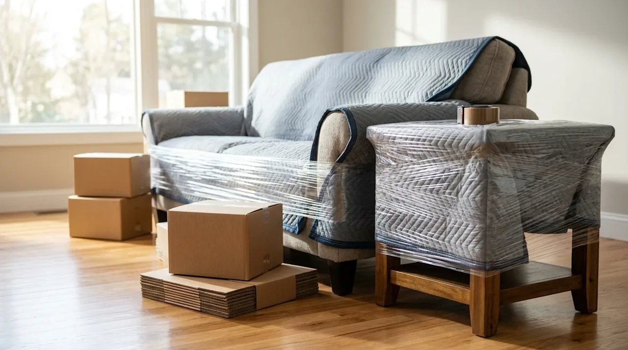 Professional photography of a high-quality living room sofa and a wooden side table being carefully prepared for a residentia