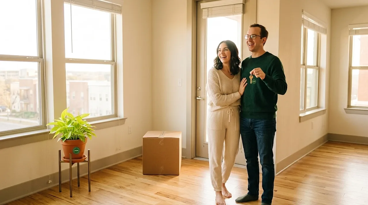 Clear, professional lifestyle marketing photography of a happy young couple standing inside a bright, modern San Antonio apar