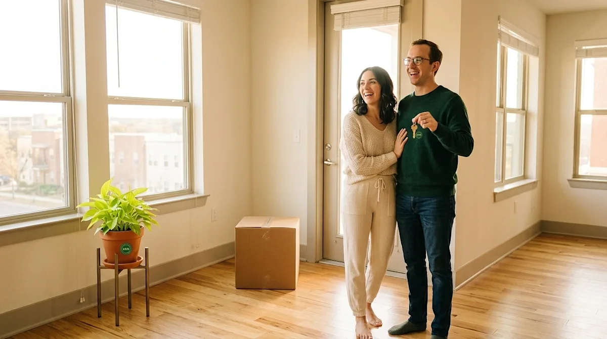 Clear, professional lifestyle marketing photography of a happy young couple standing inside a bright, modern San Antonio apar