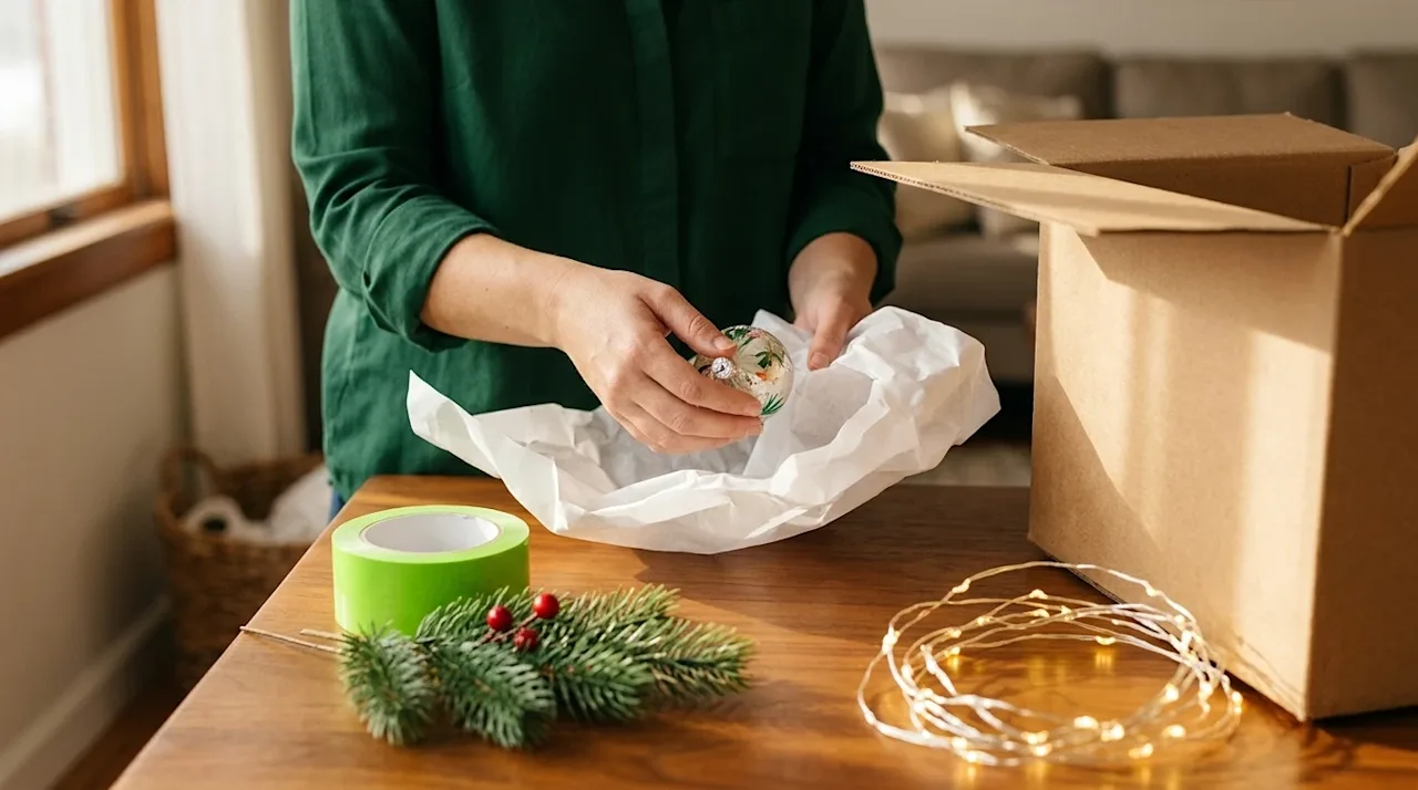 Authentic lifestyle photography of a person carefully packing delicate holiday decorations into a natural brown cardboard mov