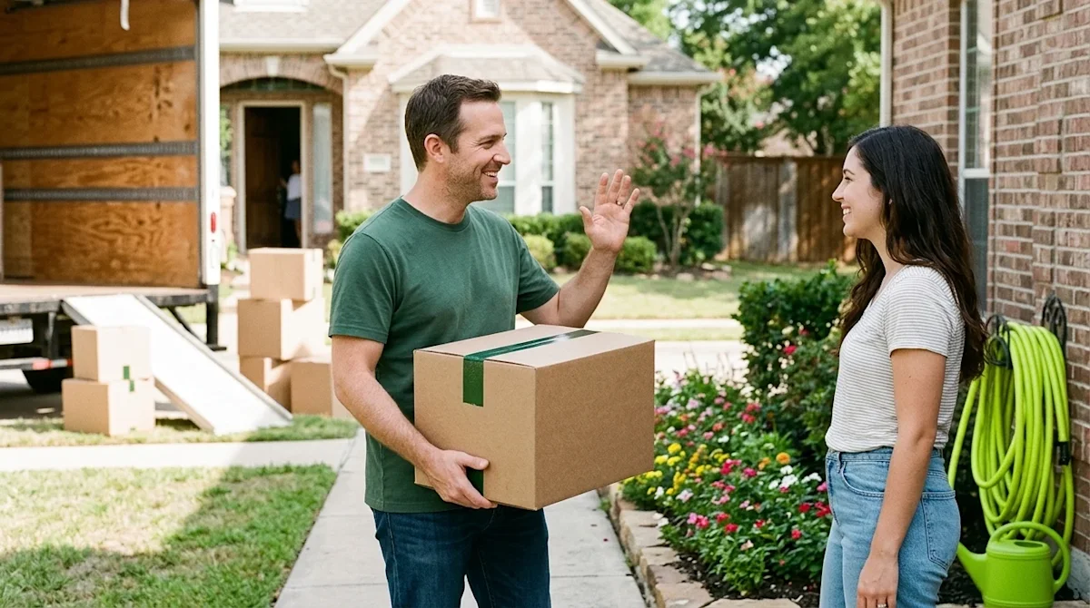 Professional marketing lifestyle photography of a warm, candid, and friendly interaction between neighbors during a moving da