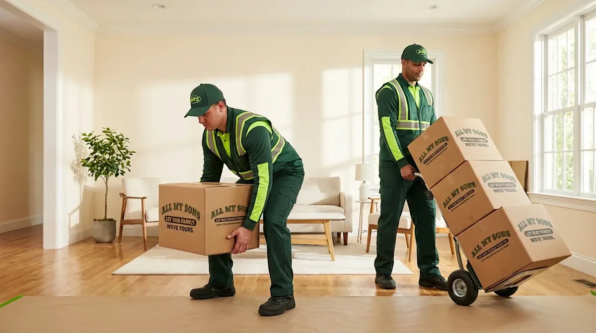 All My Sons movers demonstrating safe lifting techniques and ergonomic box transport in a bright residential home.