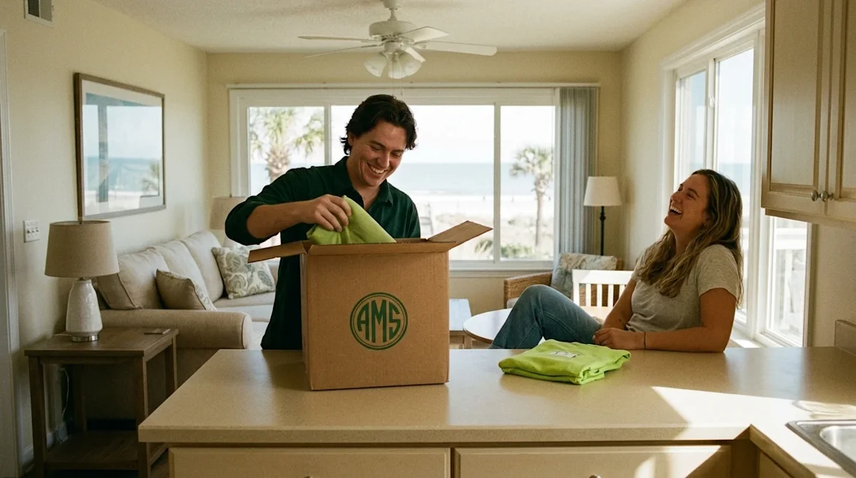 A candid, 35mm film-style photograph of a happy couple unpacking a kraft brown cardboard moving box in the sunlit living room.