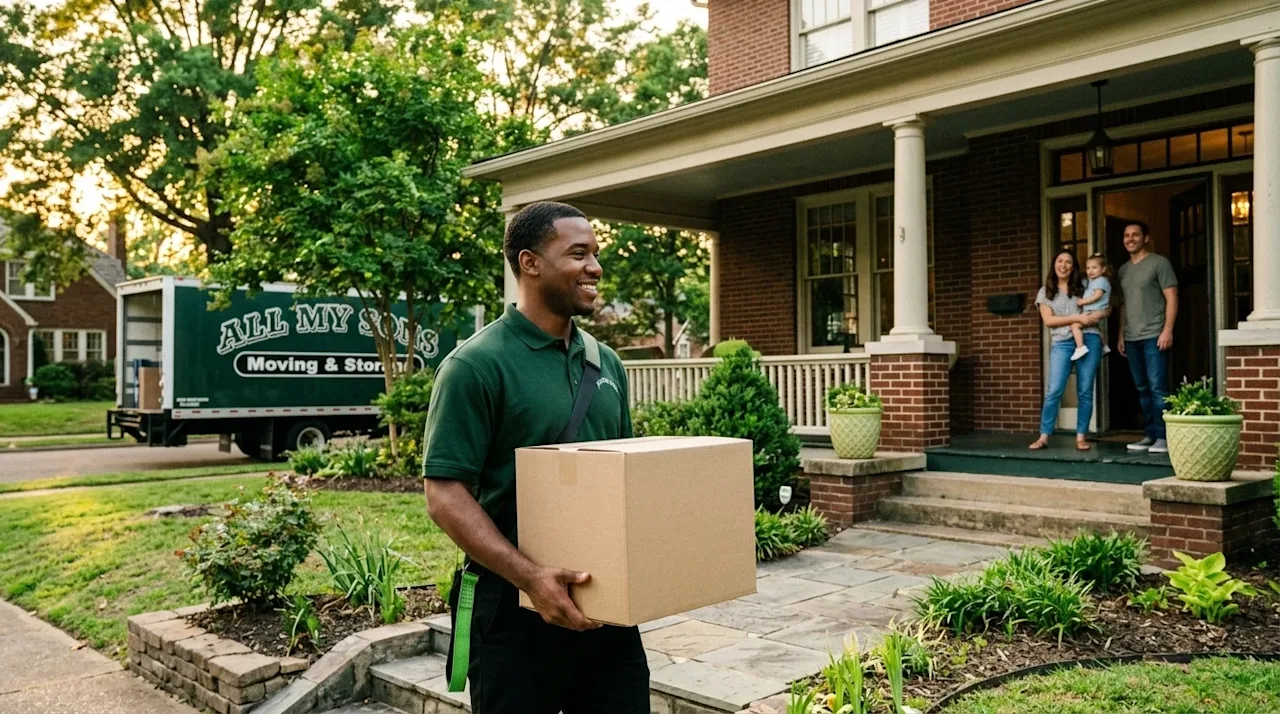Professional marketing photography of a long-distance move arriving at a new home in Memphis. A friendly moving professional