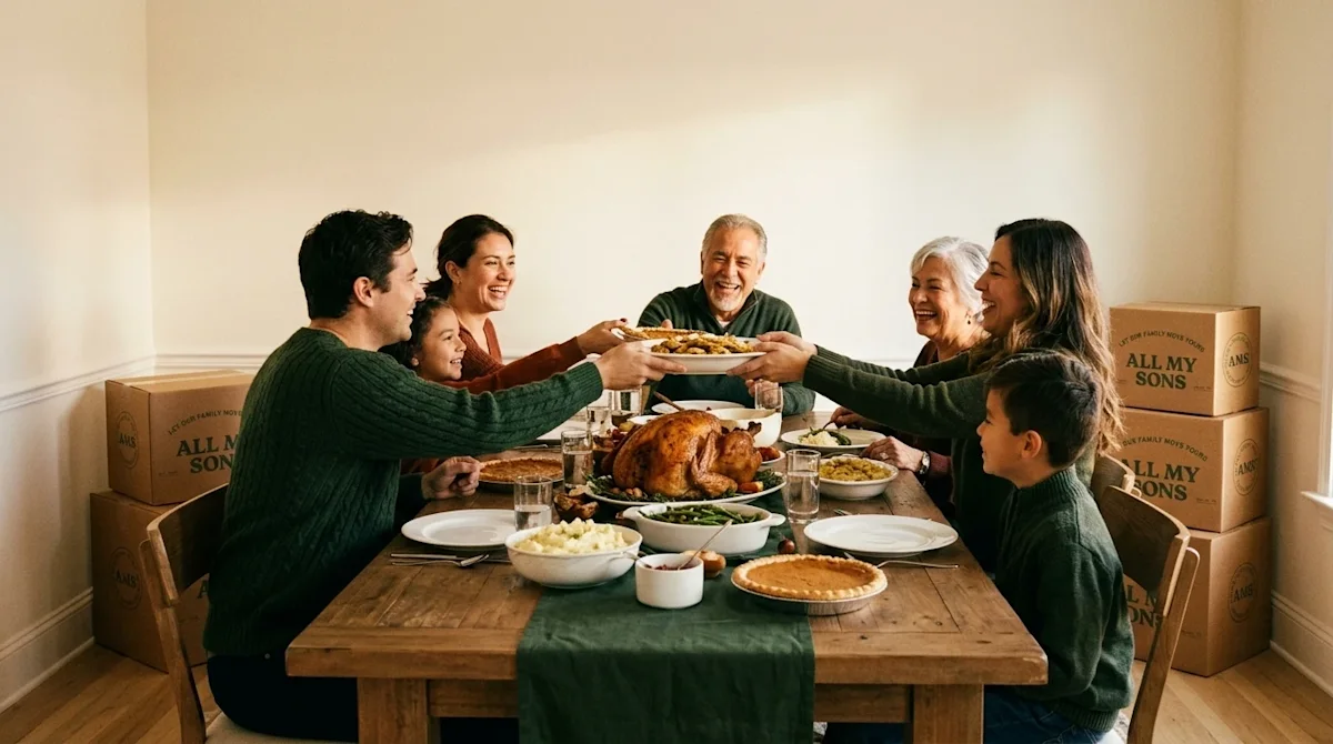 Candid lifestyle photography of a joyful family celebrating Thanksgiving dinner in their new home. A roasted turkey and warm