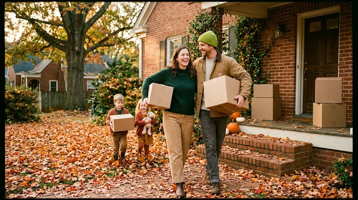 Candid documentary-style 35mm photography of a happy family moving into a charming brick home in Charlotte during autumn. Cri