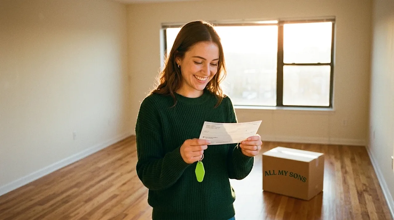 Candid lifestyle photography of a smiling young adult standing in a spotlessly clean, empty apartment living room with polish