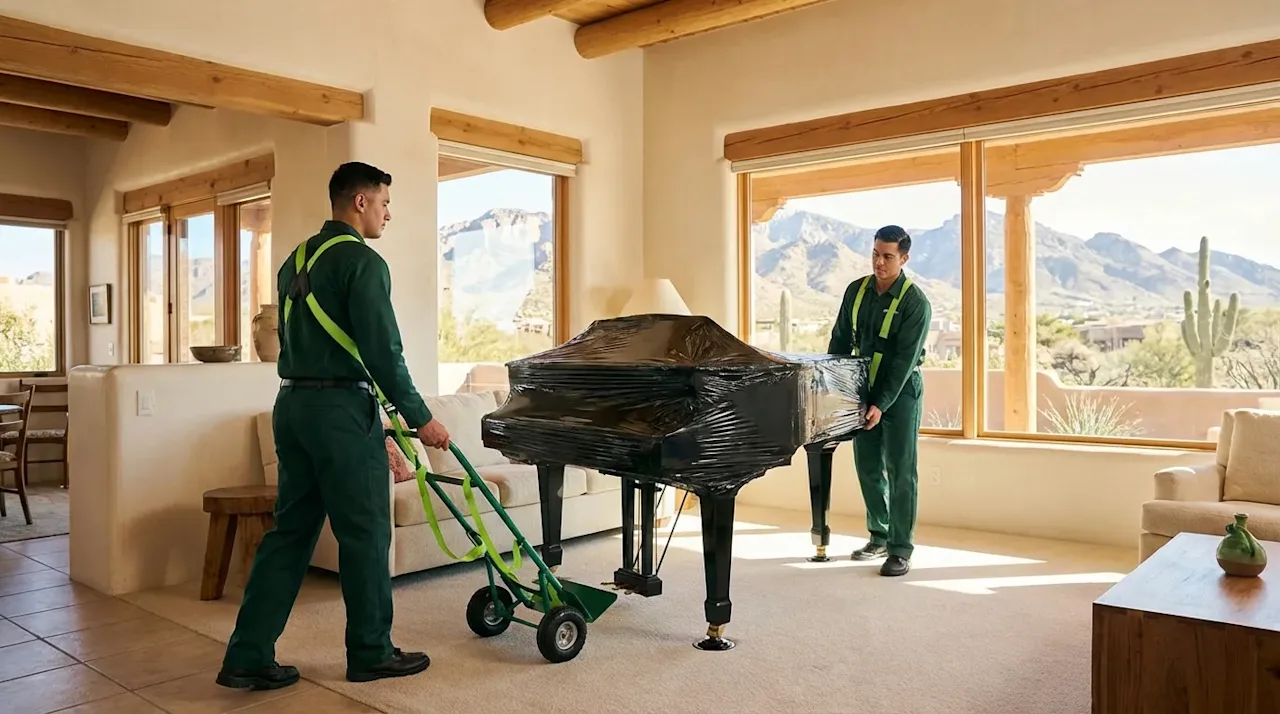 Professional movers in green uniforms move a wrapped grand piano in a sunny El Paso home with mountain views.
