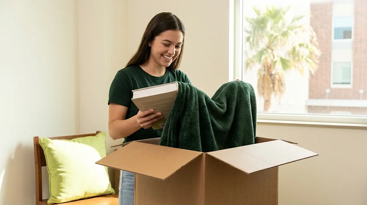 A candid, high-quality lifestyle photograph of a happy young college student unpacking in a bright, sunlit dorm room in Corpu