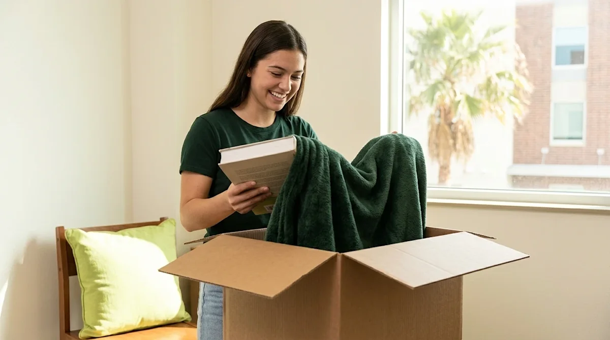 A candid, high-quality lifestyle photograph of a happy young college student unpacking in a bright, sunlit dorm room in Corpu