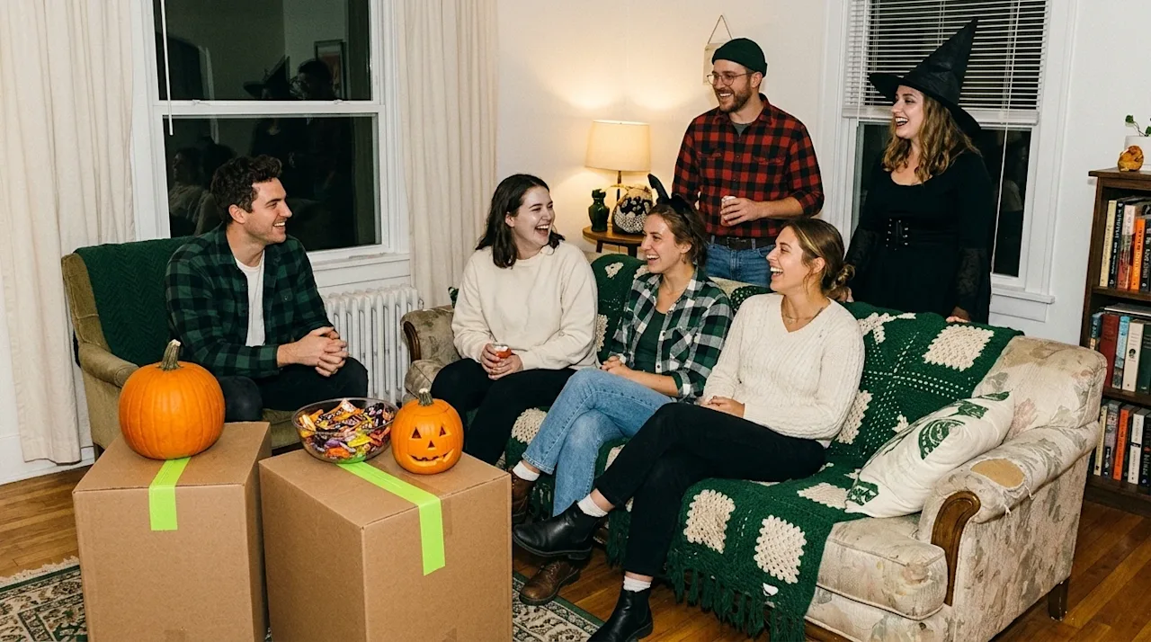 Candid 35mm film photography of a lively Halloween party in a cozy Kansas City home. Friends in creative, casual costumes are