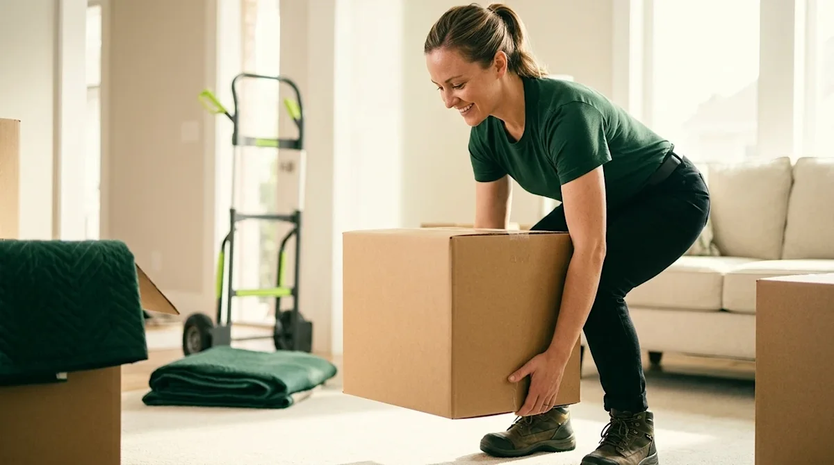 Clear and professional marketing photography of a smiling person demonstrating proper, safe lifting technique while picking u