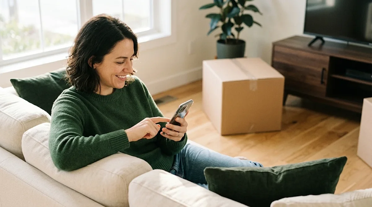 Professional marketing lifestyle photography of a relaxed, smiling person sitting comfortably in a warm, inviting living room