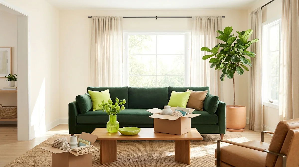 Sun-drenched living room with unpacked moving boxes, a green velvet sofa, and summer décor for a fresh start.
