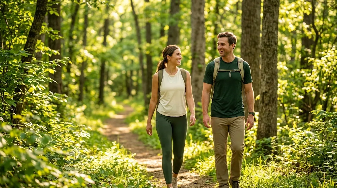 Professional marketing photography of a happy couple hiking on a beautiful, sun-dappled forest trail in Memphis. The scene is