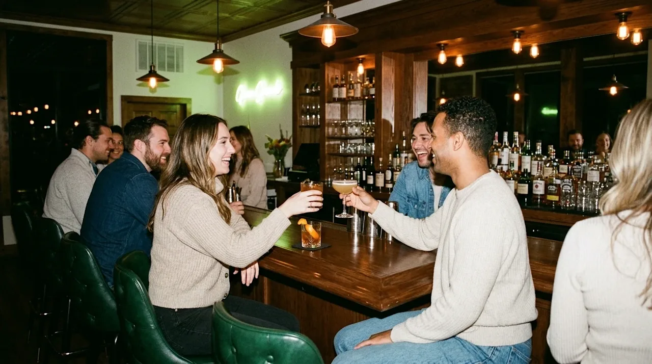 Candid 35mm film photography of a warm, inviting, and stylish rustic bar interior. A relaxed group of friends sits at a polis