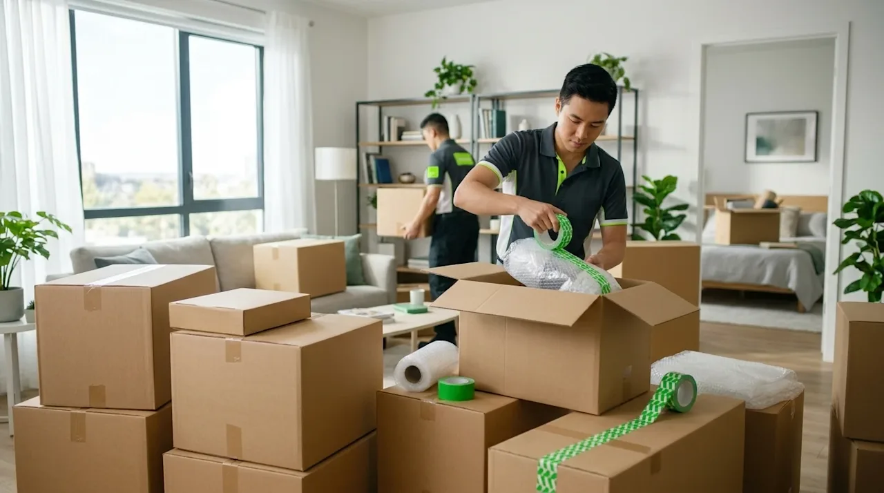 Professional photography of a bright modern two-bedroom apartment living room being efficiently packed for a move. Highly org