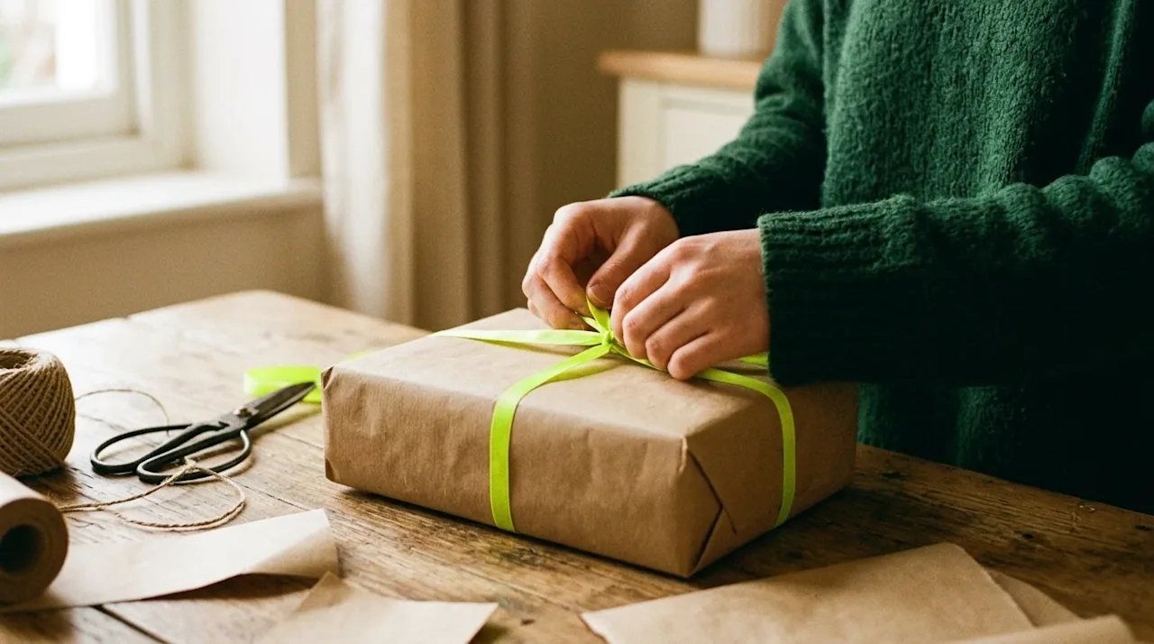 A warm, nostalgic 35mm film lifestyle photograph of hands carefully wrapping a gift on a rustic wooden table. The present is