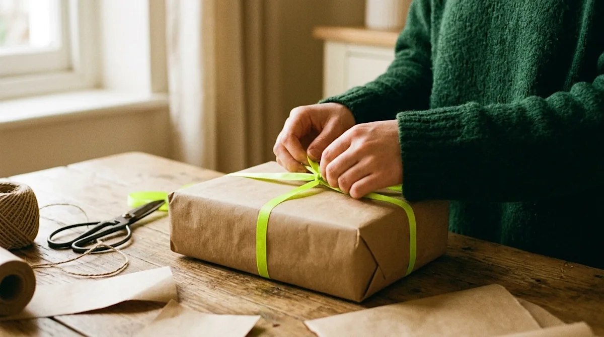 A warm, nostalgic 35mm film lifestyle photograph of hands carefully wrapping a gift on a rustic wooden table. The present is