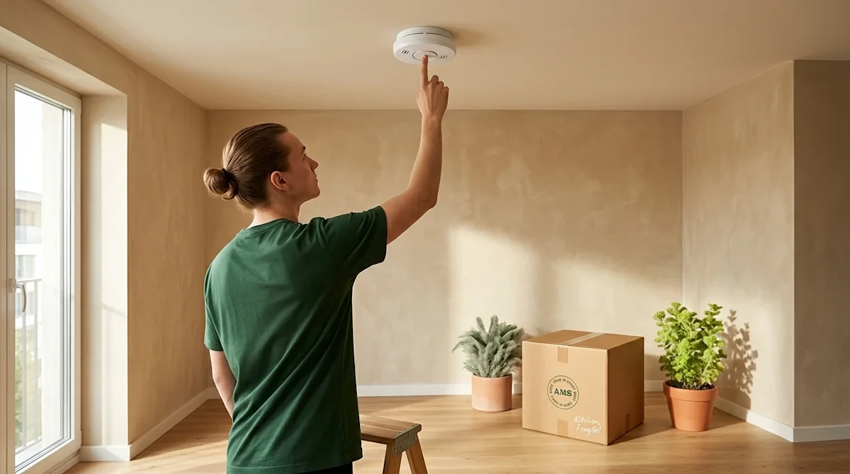 Professional marketing photography of a bright, modern apartment interior focused on safety. A young adult wearing a solid da