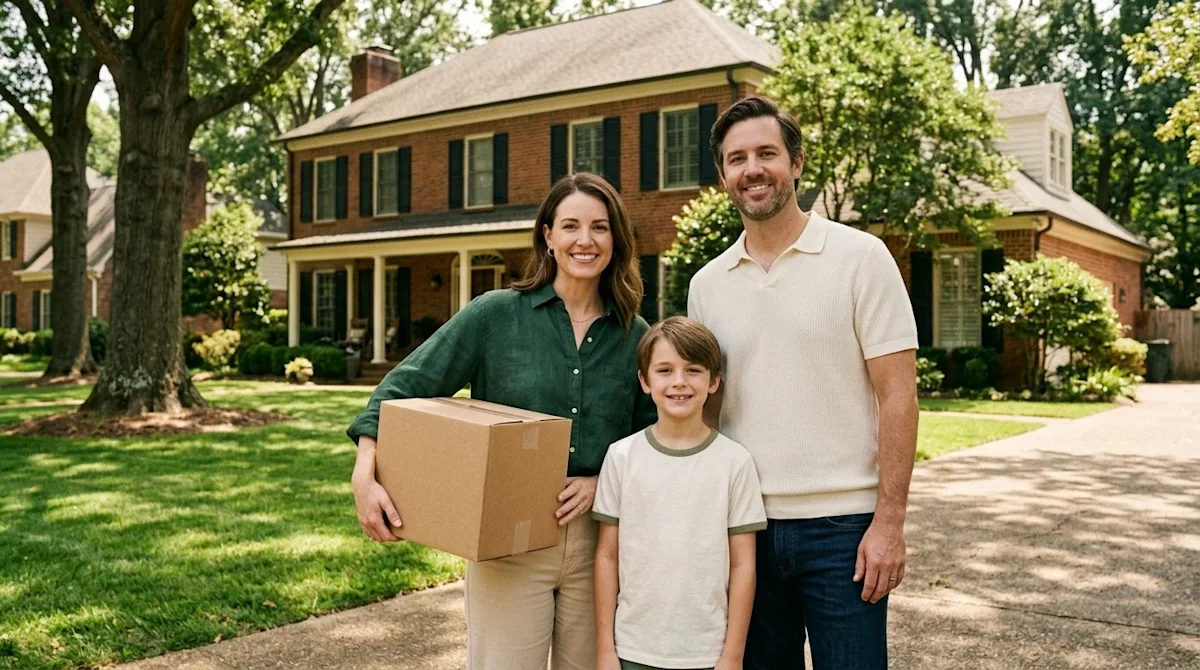 Professional marketing lifestyle photography of a happy, relaxed family standing in the sunlit driveway of an upscale, classi