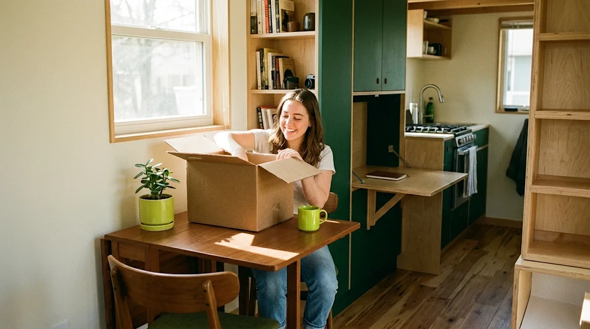 Candid editorial photography, interior shot of a stylish, cleverly designed micro-apartment. A young adult is happily unpacki