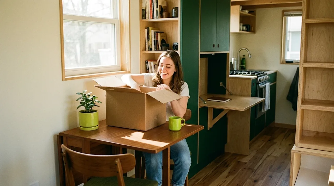 Candid editorial photography, interior shot of a stylish, cleverly designed micro-apartment. A young adult is happily unpacki