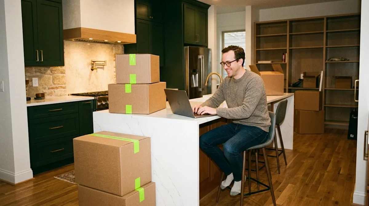 A candid, lifestyle 35mm film photograph of a clever, relaxed homeowner sitting comfortably at a kitchen island in a new hous