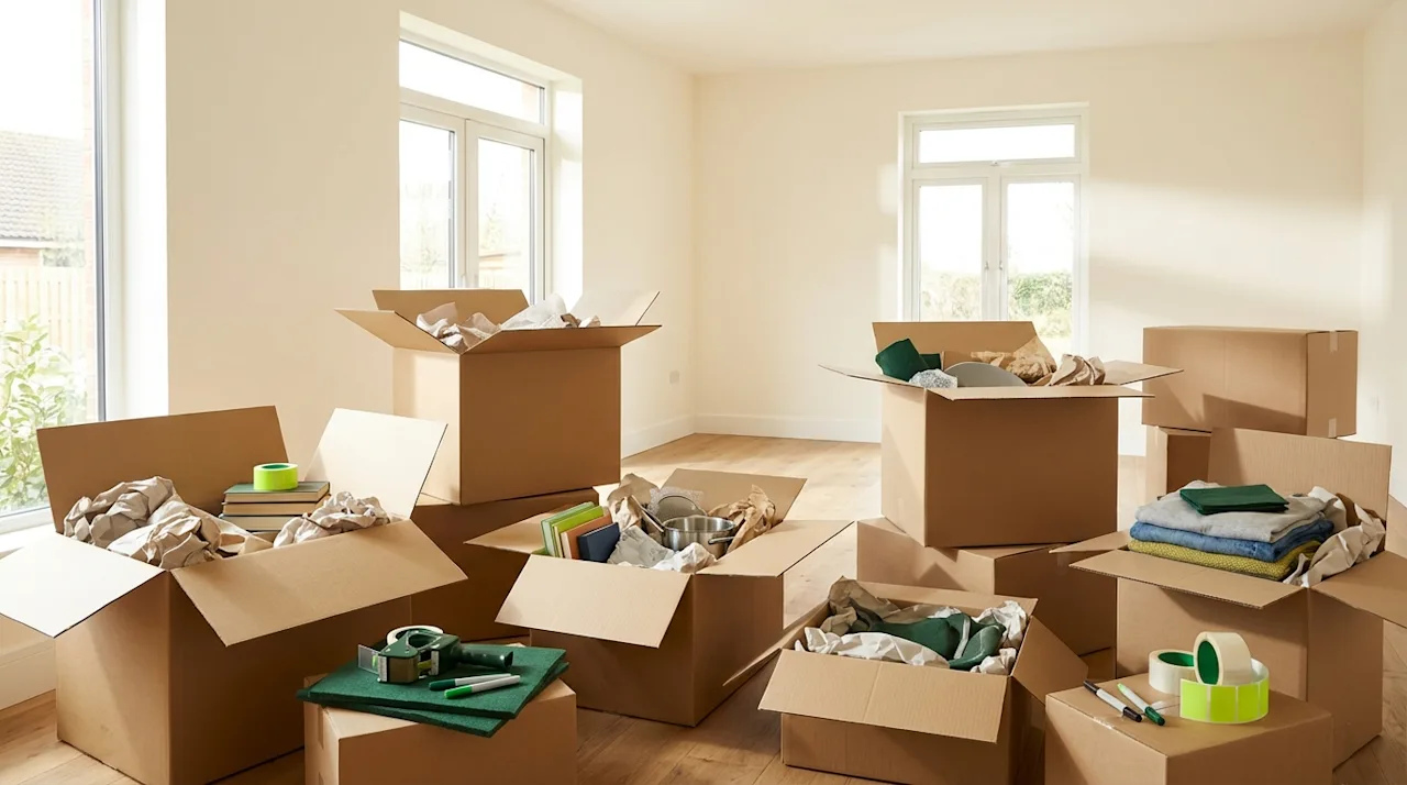 Organized moving boxes and packing supplies in a bright modern home with forest green and lime accents.