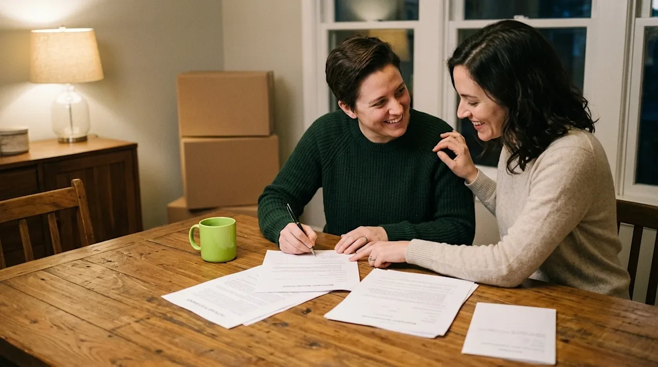 Candid lifestyle photography of a happy couple sitting at a warm wooden dining table in a cozy, softly lit home, reviewing an