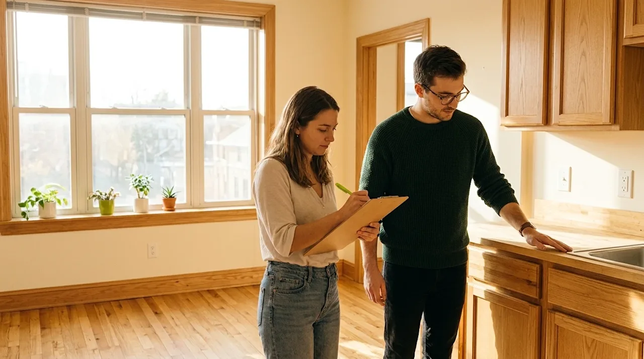 Candid lifestyle photography of a young adult couple carefully inspecting an empty, sunlit apartment before moving in. One pe