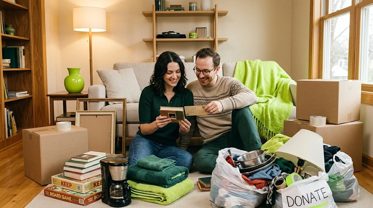 Candid, warm 35mm film style photograph of a couple in a warmly lit living room, actively decluttering and sorting through ho