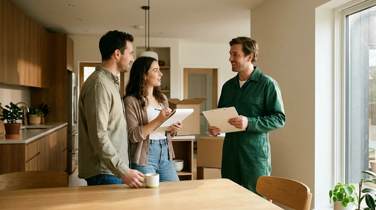 A candid, documentary-style 35mm film photograph of a friendly professional mover in a forest green uniform standing in a war