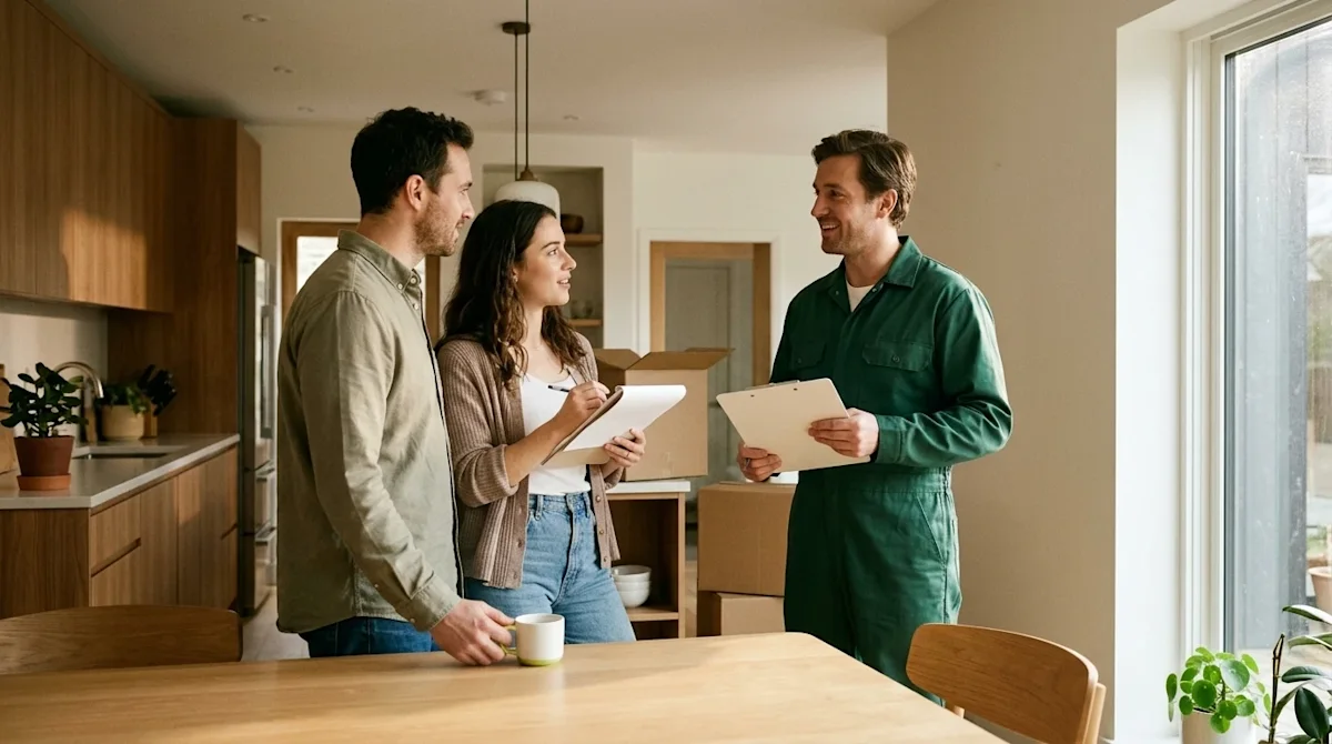 A candid, documentary-style 35mm film photograph of a friendly professional mover in a forest green uniform standing in a war