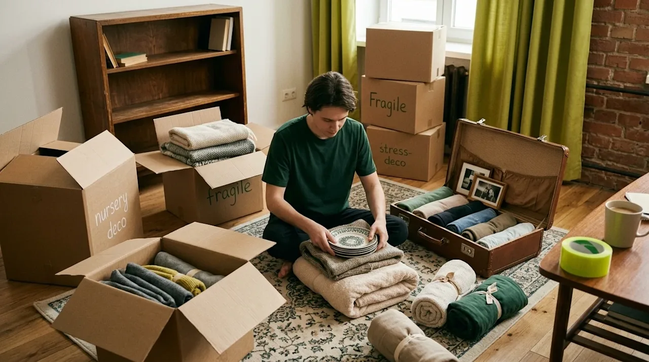 Candid film photography of a cozy apartment living room during a move, demonstrating creative packing methods. A person weari